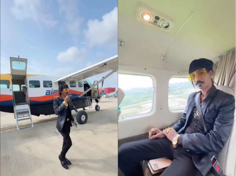 Dolly Chaiwala in a private jet, representing his journey from a tea stall in Nagpur to stardom.