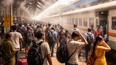 Passengers waiting at Nagpur railway station platform without mist cooling system