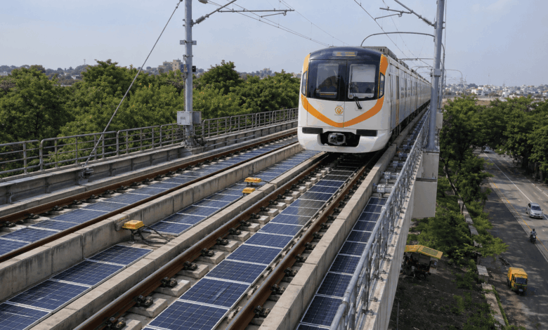 Solar panels installed between live metro tracks at Nagpur Hingna depot