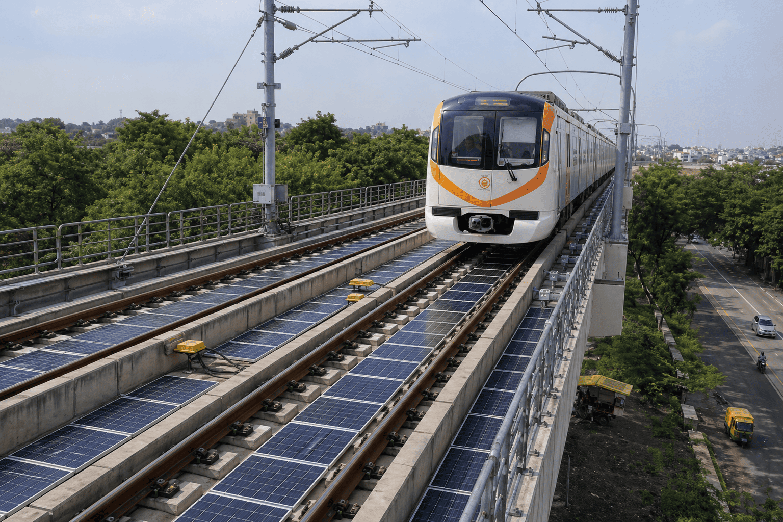 Solar panels installed between live metro tracks at Nagpur Hingna depot