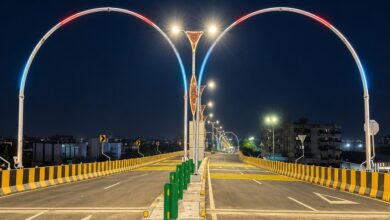 Dipti Signal 4-lane Road Over Bridge at Wardhaman Nagar Nagpur — fully constructed and structurally cleared but barricaded shut awaiting VIP inauguration in April 2026