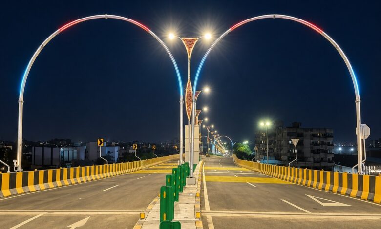 Dipti Signal 4-lane Road Over Bridge at Wardhaman Nagar Nagpur — fully constructed and structurally cleared but barricaded shut awaiting VIP inauguration in April 2026