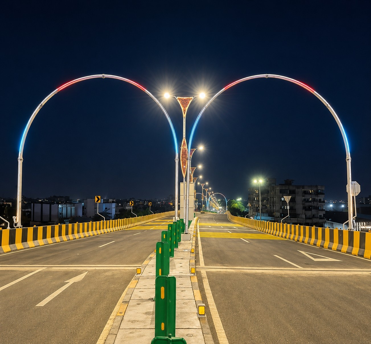 Dipti Signal 4-lane Road Over Bridge at Wardhaman Nagar Nagpur — fully constructed and structurally cleared but barricaded shut awaiting VIP inauguration in April 2026