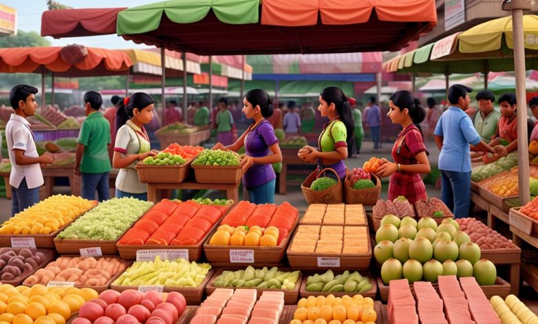 Nagpur: A bustling market scene showcasing fresh produce and meat products in Nagpur's south-western region.