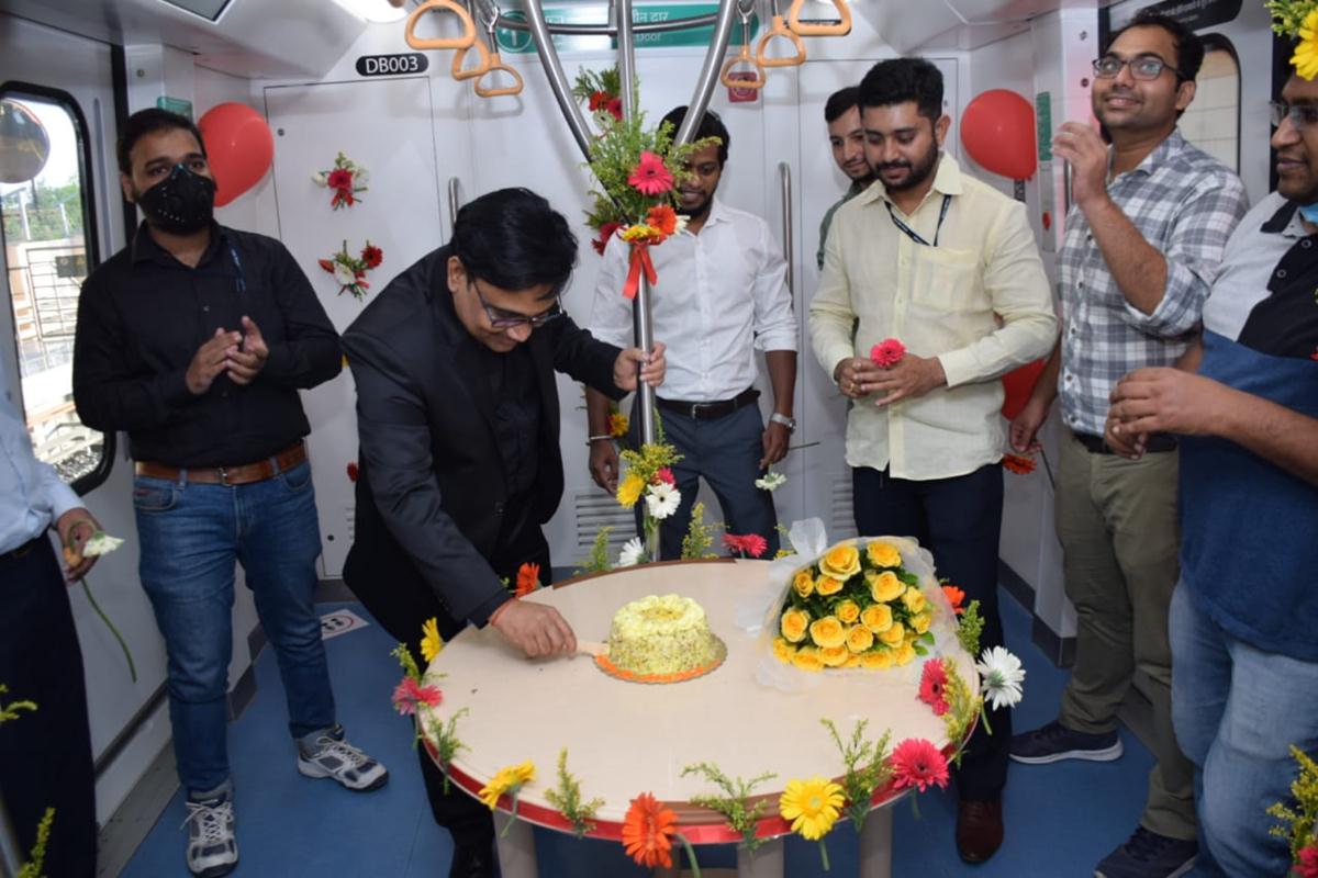 Celebration on Wheels train adorned with balloons and streamers. Nagpur Metro