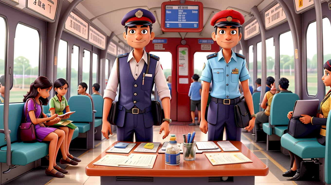 A depiction of railway ticket inspectors checking tickets aboard a train amidst a bustling station. | Ticketless | Revenue.