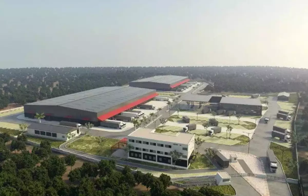 Aerial view of a logistics park in Nagpur, highlighting warehouses and transportation networks.