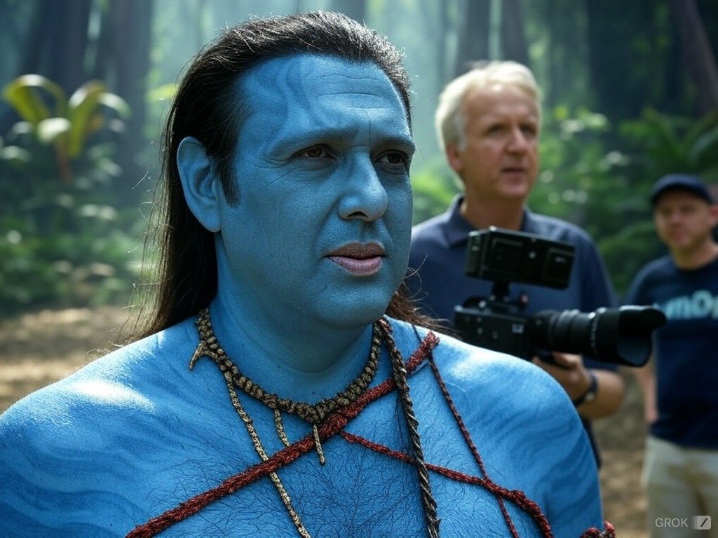A humorous AI-generated image of Govinda as a Na'vi in the Avatar universe, complete with his signature dance moves.