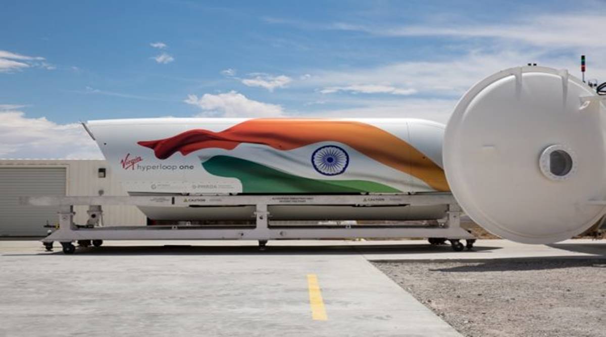 Mumbai to Pune Hyperloop train in futuristic vacuum tube, showcasing speed and innovation.