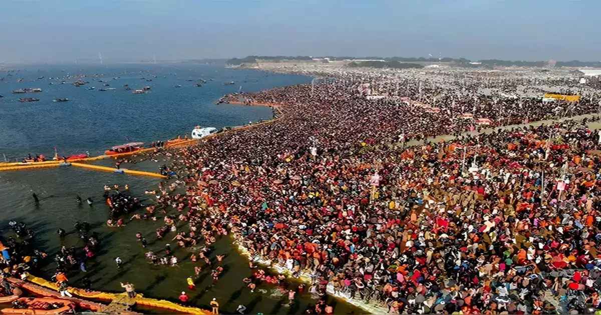 A helicopter flying over the vibrant Maha Kumbh Mela 2025 in Prayagraj, showcasing the grand event from an aerial perspective.
