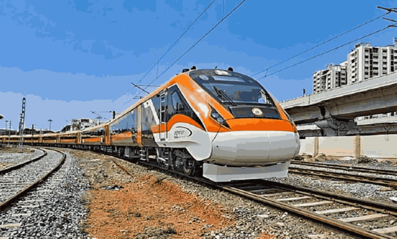 Artistic rendering of Sleeper Vande Bharat Express train showcasing modern design and amenities.