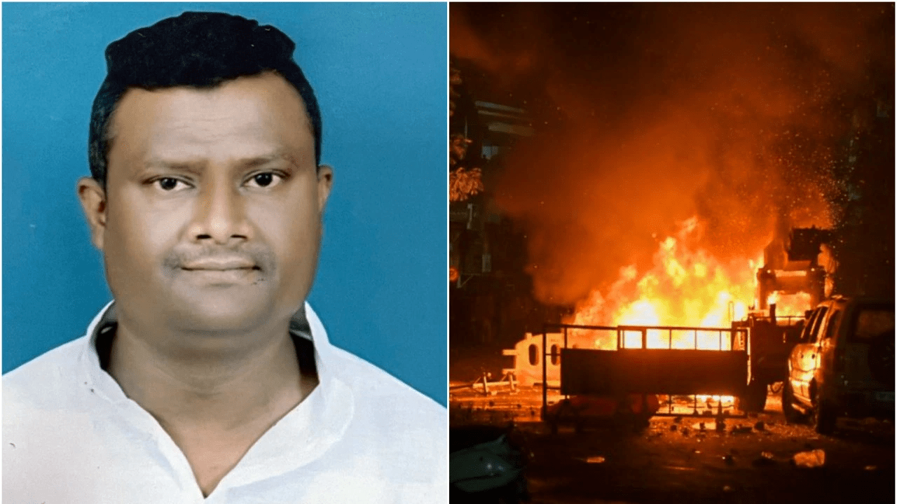 A tense scene from the Nagpur clashes, with police presence and protestors in the background.