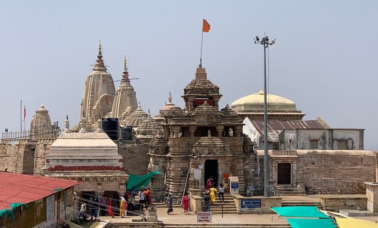 Aerial view of Ramtek Temple hill with ropeway cabins ascending, symbolizing easy pilgrimage access