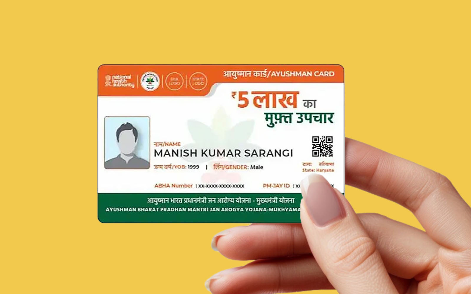Elderly Indian man holding Ayushman Vay Vandana Health Card with hospital in background