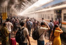 Passengers waiting at Nagpur railway station platform without mist cooling system
