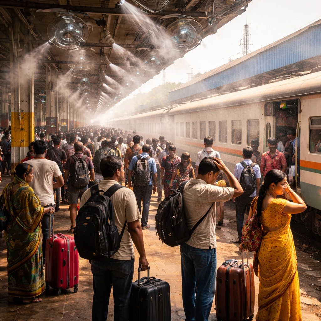 Passengers waiting at Nagpur railway station platform without mist cooling system