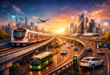 Nagpur Metro train running on elevated track with expressway and smart city infrastructure in background