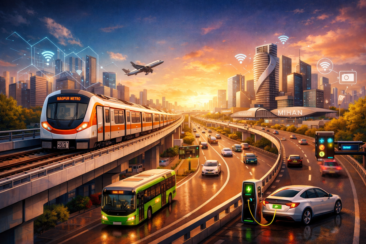 Nagpur Metro train running on elevated track with expressway and smart city infrastructure in background