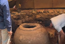 Ancient stone urn found at Ramtek Gadmandir excavation site