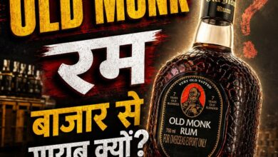 Old Monk dark rum bottle kept on a wooden table with rain visible outside the window, representing the iconic Indian rum going out of stock in 2026