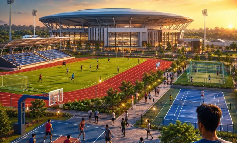 Maharashtra government approves special Rs 100 crore grant for District Sports Complex Kamptee Nagpur — 400m synthetic athletics track hockey astroturf shooting range hostel approved June 2026