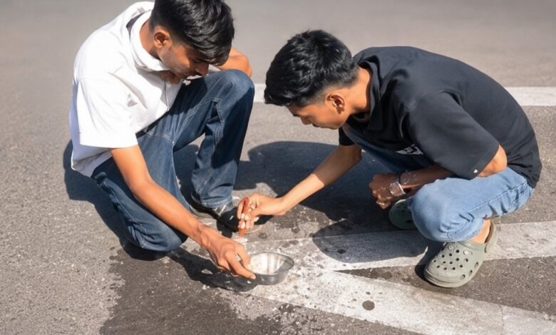 Shegaon engineering students Rajvardhan Thakur and Atharv Deshmukh demonstrate bio-based self-healing road and glow-based night visibility technology near Sant Gajanan Maharaj Temple Shegaon 2026