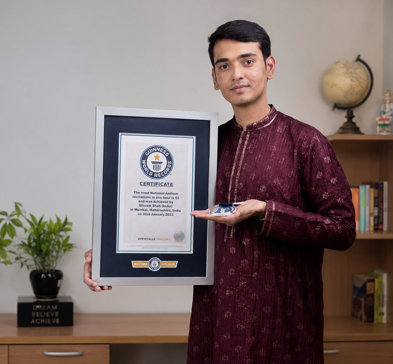Nagpur teenager Hiten Dharpure holds Guinness World Record certificate for world's smallest robotic arm at 39.25mm — School of Scholars Nagpur January 2026