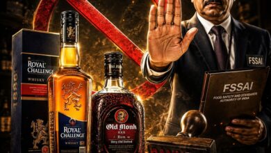 FSSAI bans Royal Challenge Whisky Old Monk Rum Antiquity Blue Bagpiper variants over artificial flavouring violations — Diageo India Inbrew Mohan Rocky Springwater August 2026