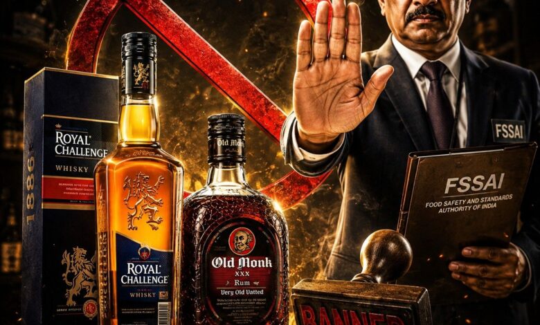 FSSAI bans Royal Challenge Whisky Old Monk Rum Antiquity Blue Bagpiper variants over artificial flavouring violations — Diageo India Inbrew Mohan Rocky Springwater August 2026