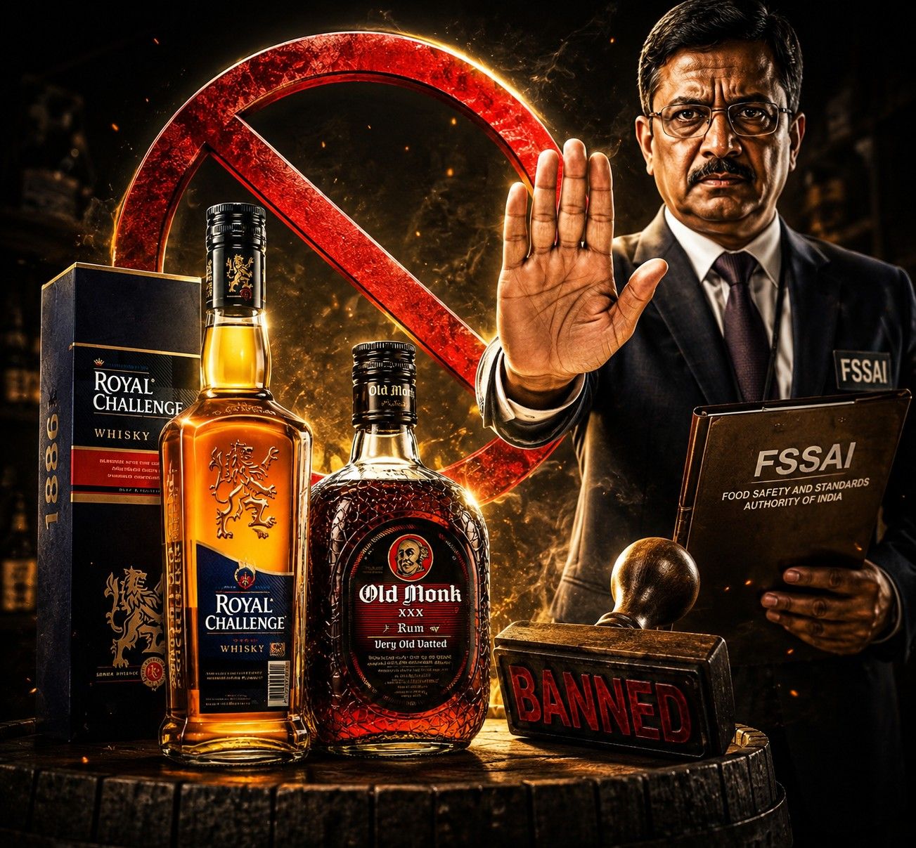 FSSAI bans Royal Challenge Whisky Old Monk Rum Antiquity Blue Bagpiper variants over artificial flavouring violations — Diageo India Inbrew Mohan Rocky Springwater August 2026