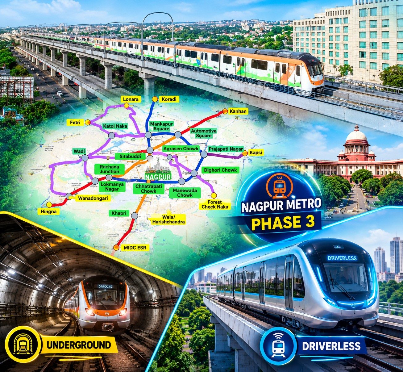 Nagpur Metro Phase 3 proposed underground metro track at Sadar area and driverless metro on Kasturchand Park to Koradi 11.5 km corridor — RITES DPR expected April 2027