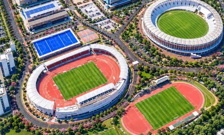 Rs 683.79 crore international sports hub at Mankapur Divisional Sports Complex Nagpur — 62 acres Olympic pool sports university 25 disciplines December 2027 CM Fadnavis special status